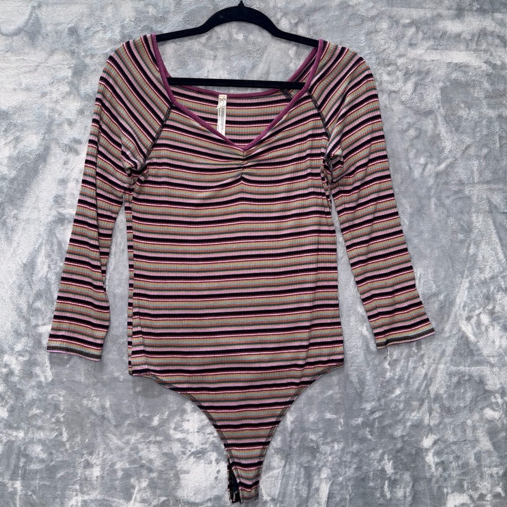 Intimately Free People Bodysuit Womens Size L Purple Put A Stripe On It
